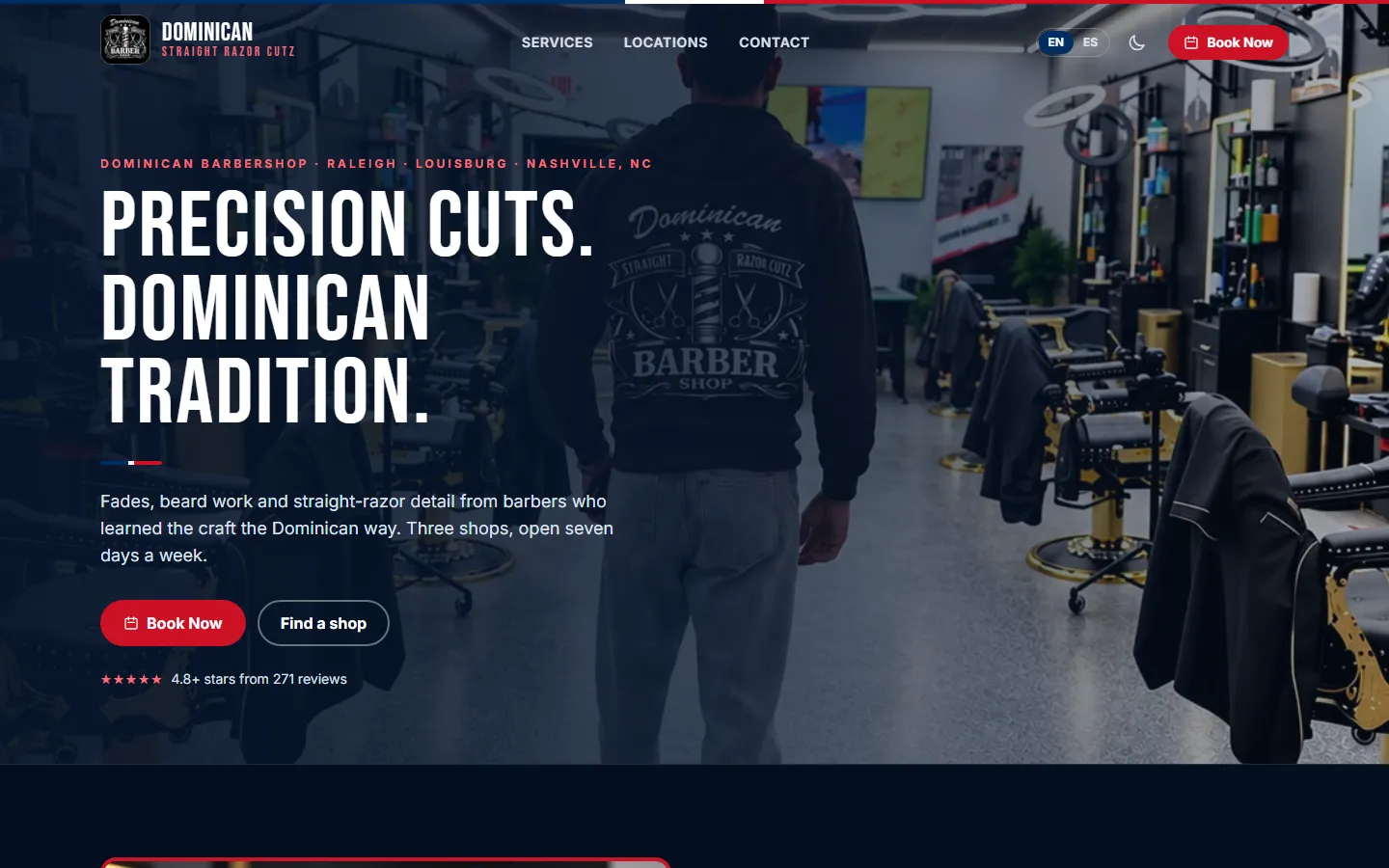 Dominican Straight Razor Cutz home page with the headline "Precision cuts. Dominican tradition." and a Book Now button over a full-width photo of the shop floor